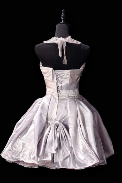 Satin Halter Beaded Mini Ball Gown Homecoming Dress F0204