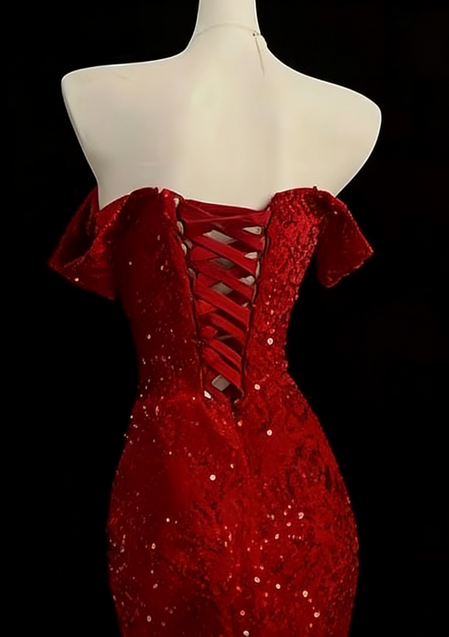 Formal Red Sequin Prom Dress, Off-the-shoulder Lace-up Mermaid Gown for Evening Party Floral-04