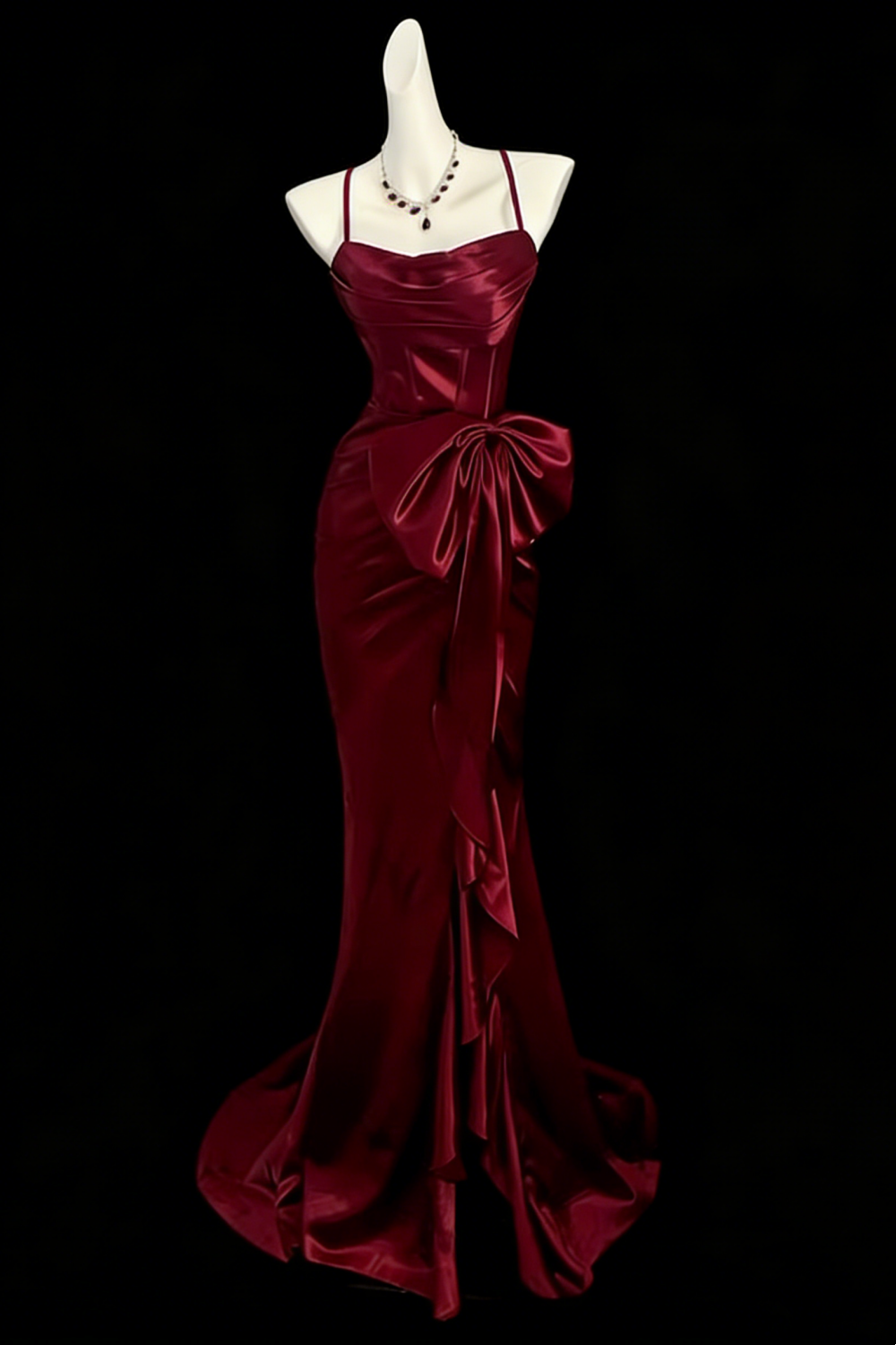 Burgundy Satin Spaghetti Strap Big Bow Mermaid Evening Gown Floral-03