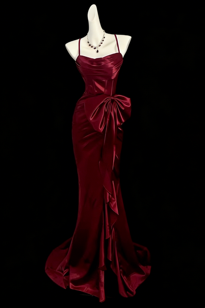 Burgundy Satin Spaghetti Strap Big Bow Mermaid Evening Gown Floral-03