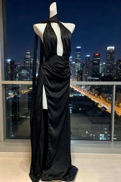 Evening Gown Black Satin Halter Custom Dress with High Slit & Sash Floral043