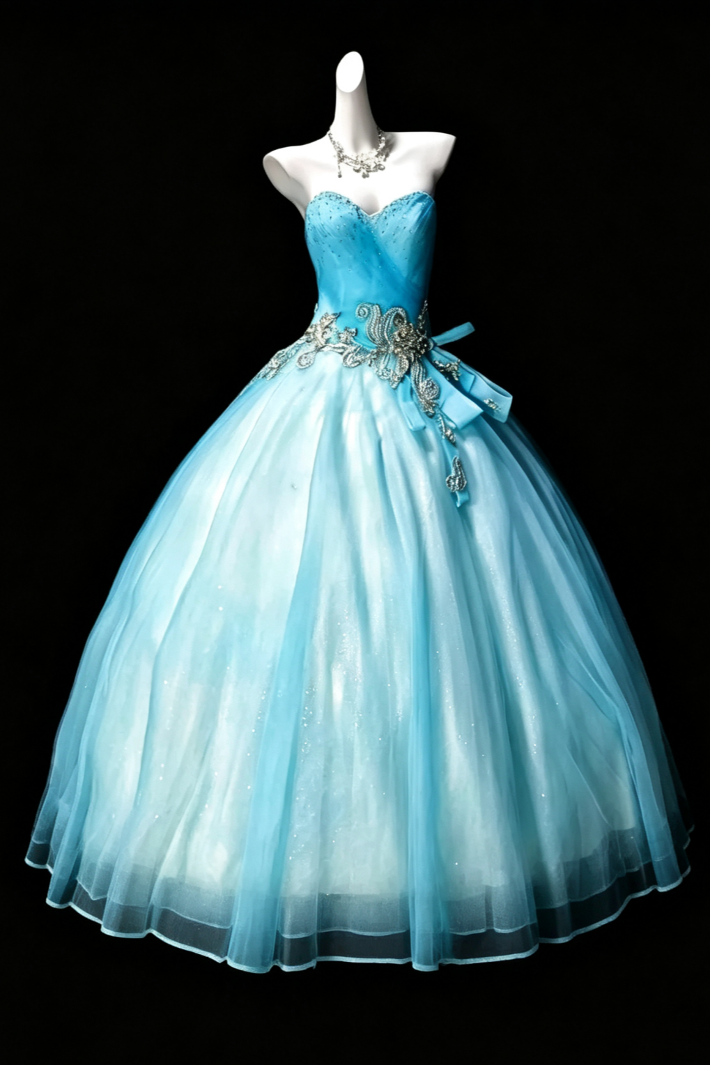 Blue Strapless Sweetheart Tulle Ball Gown Rhinestone Quinceanera Dress F0205