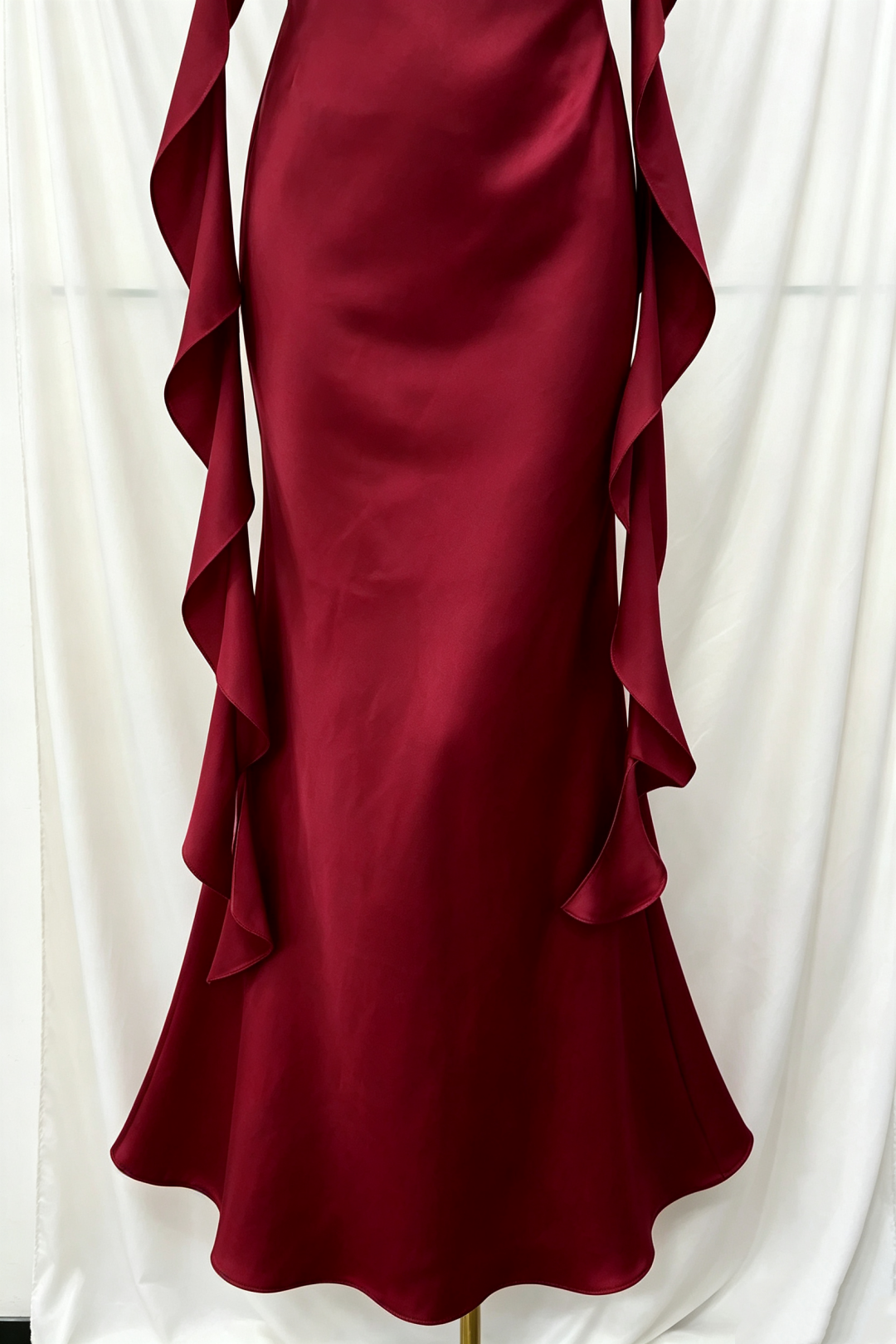 Burgundy Satin Mermaid Formal Gown, Draped Neck Ruffle Strap Maxi Dress F0076