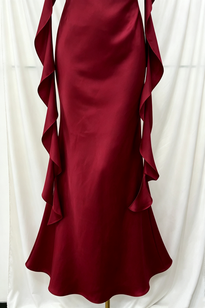Burgundy Satin Mermaid Formal Gown, Draped Neck Ruffle Strap Maxi Dress F0076