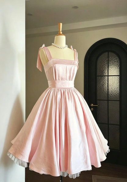 Olive Green Satin Retro Midi Dress, Bow Strap Vintage Homecoming Dress  F0052