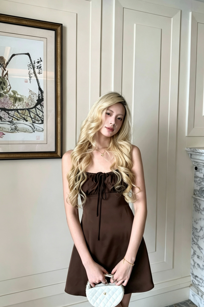 Brown Satin Slip Mini Dress Drawstring Bust Party Homecoming Dress F062