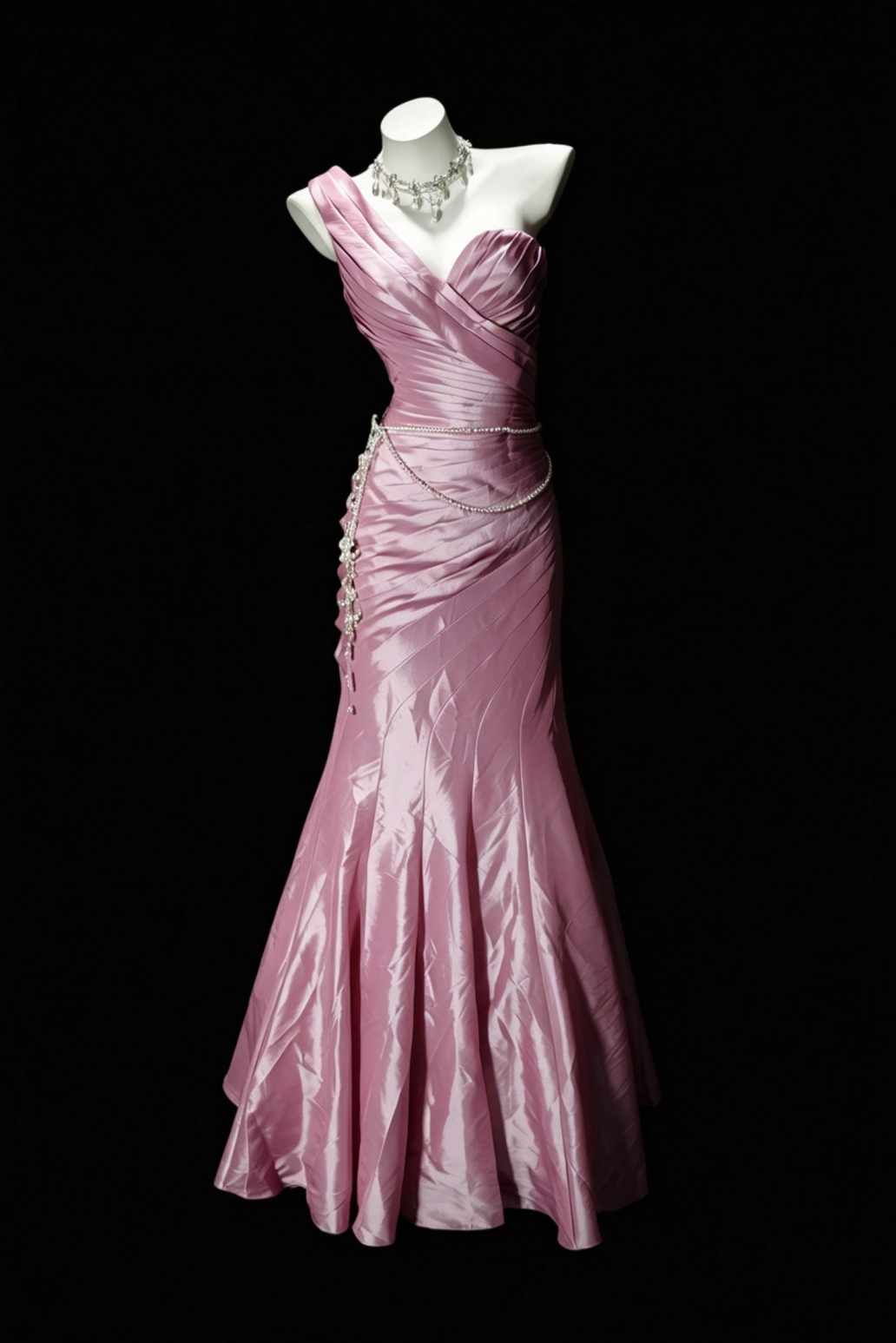 One‑Shoulder Satin Mermaid Gown With Rhinestone Chain Detail F0081