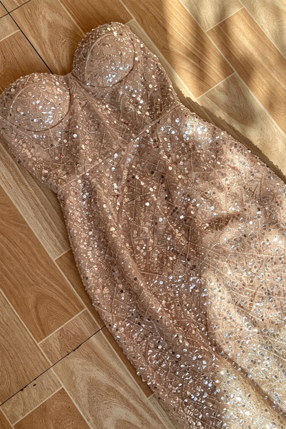 Luxury Strapless Sequin Mermaid Evening Gown Fitted Long Dinner Party Dress F065
