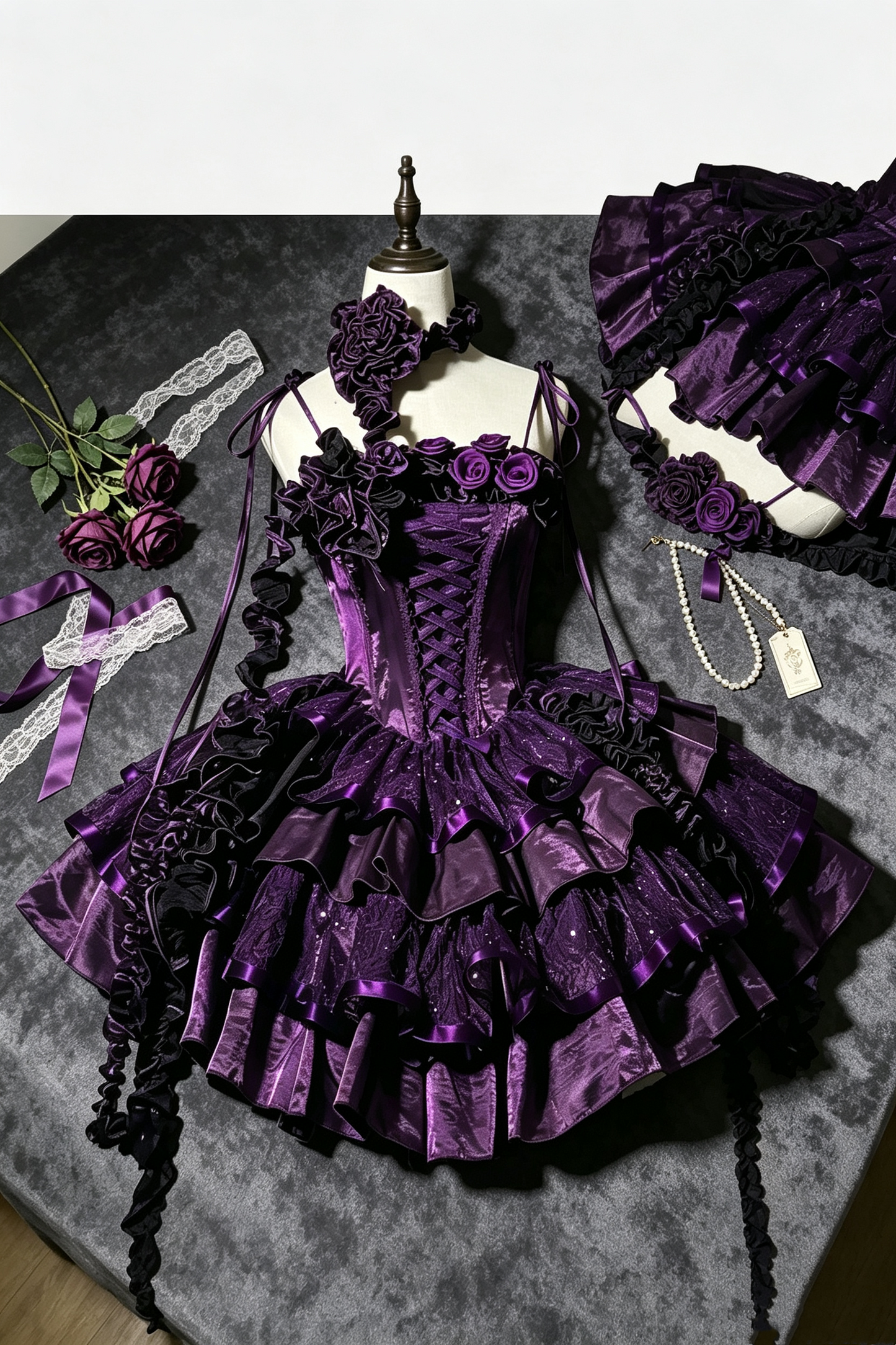 Gothic Lolita Dress Purple Black Tiered Ruffle Mini Gown With Rose Decor F0064