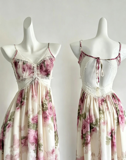 Rose Floral Spaghetti Strap Maxi Dress Lace Back Tie Formal Gown F0209
