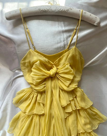 Yellow Spaghetti Strap Bow Tiered Chiffon Mini Dress F0261