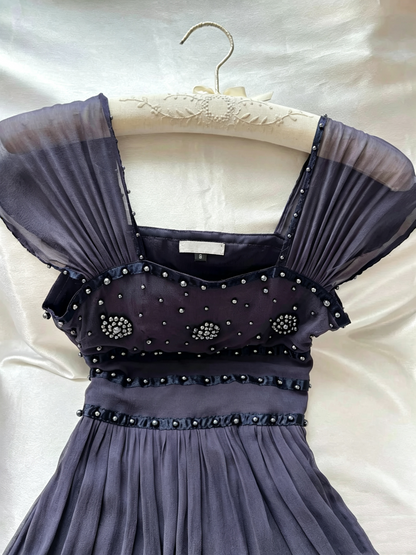 Dark Purple Square Neck Beaded Chiffon Short Cocktail Dress F0259