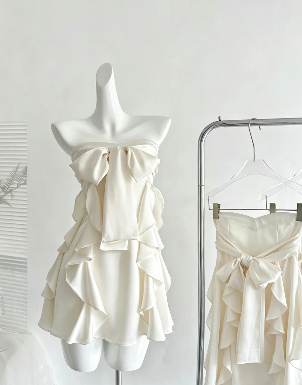 Cream Satin Strapless Mini Party Dress Big Bow Ruffle Cocktail Gown F0206