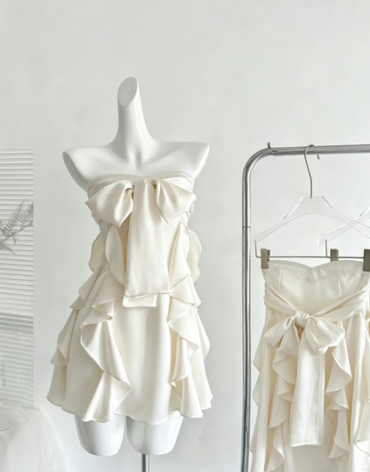 Cream Satin Strapless Mini Party Dress Big Bow Ruffle Cocktail Gown F0206