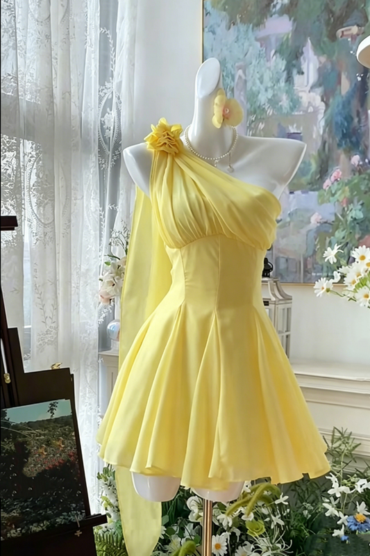 Prom Dress Yellow One-Shoulder Custom Graduation Party Mini Dress Floral047