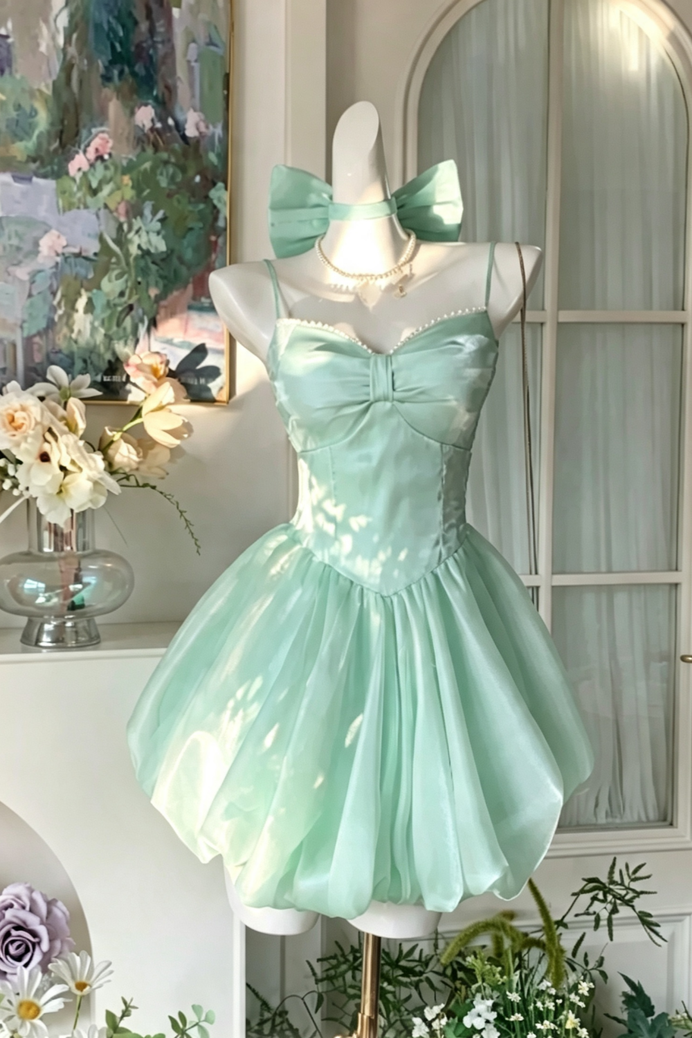 Fairy Satin Puff-Sleeve Mini Dress for Homecoming or Birthday Parties FD054