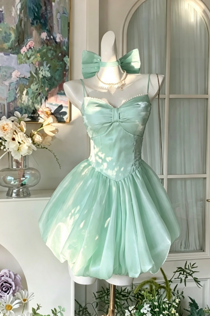 Fairy Satin Puff-Sleeve Mini Dress for Homecoming or Birthday Parties FD054
