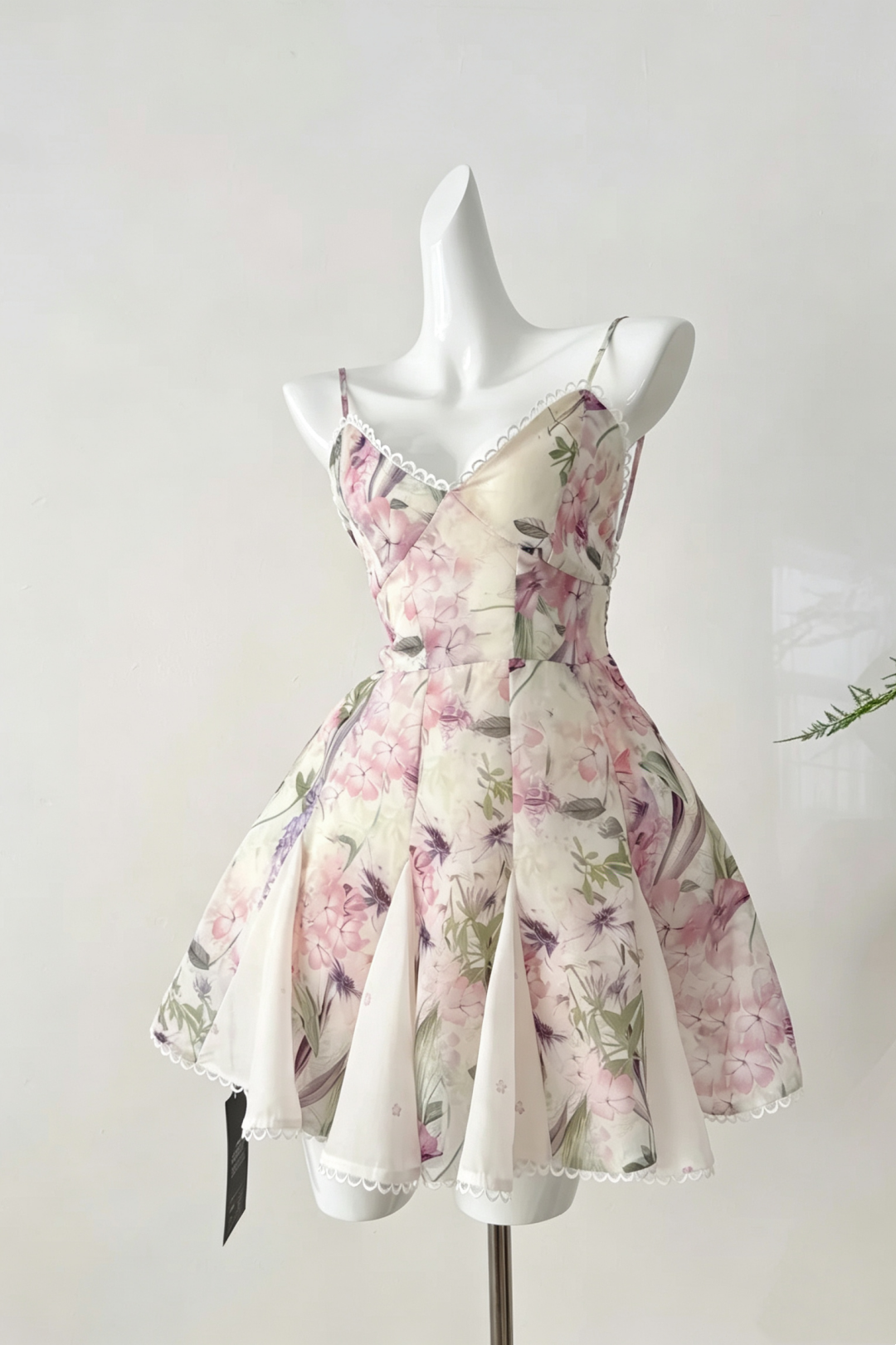 Floral Print Spaghetti Strap Mini Dress Lace Trim Back Lace-Up Cocktail Gown F0207