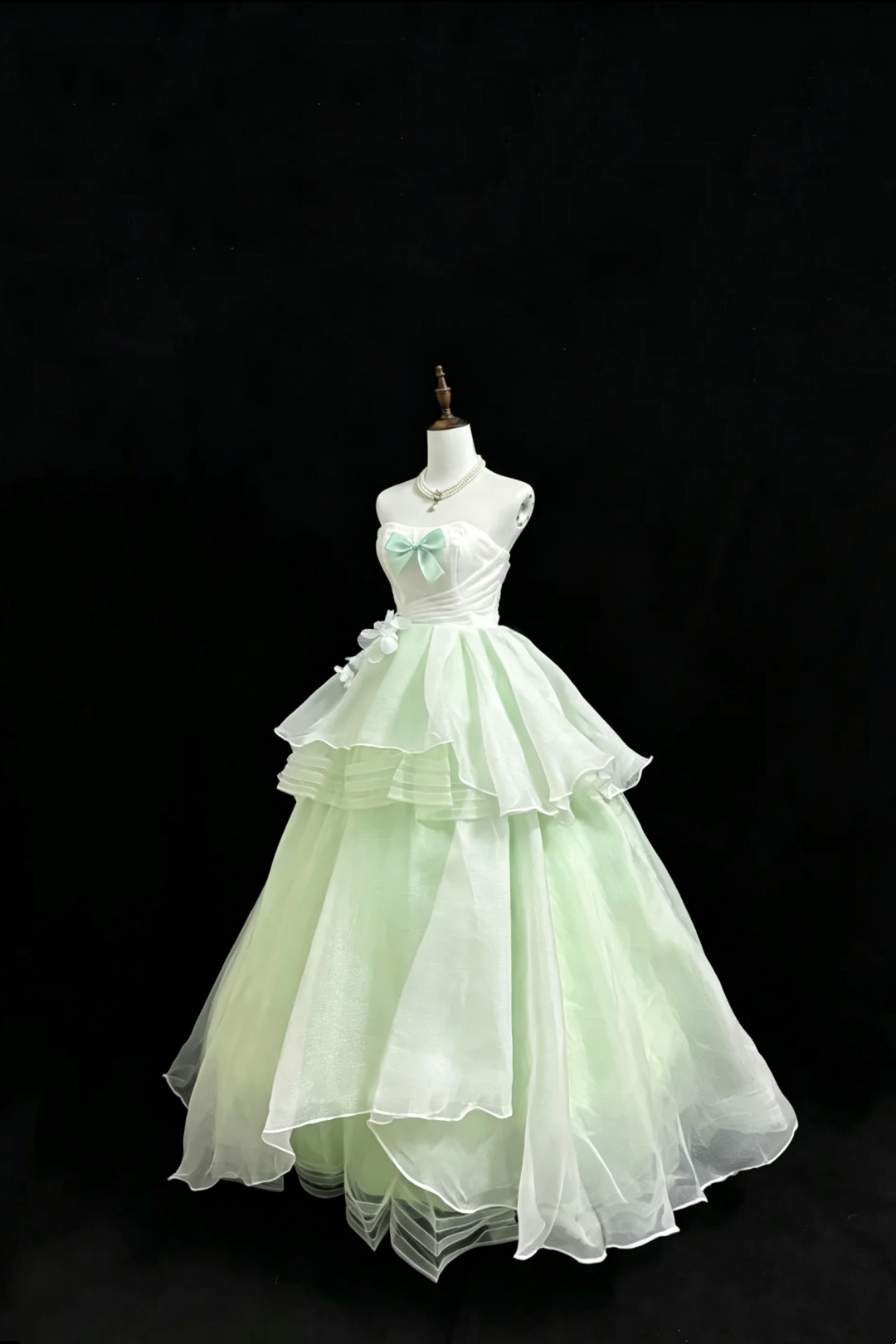 Mint Green Strapless Tulle Gown Bow Floral Fall Formal Dress F0100