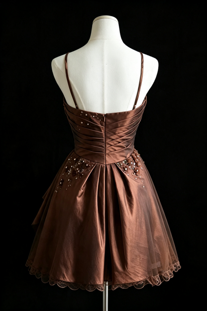Brown Satin Spaghetti Strap Homecoming Dress Beaded Lace Short Cocktail Gown With Sash Bow F0015