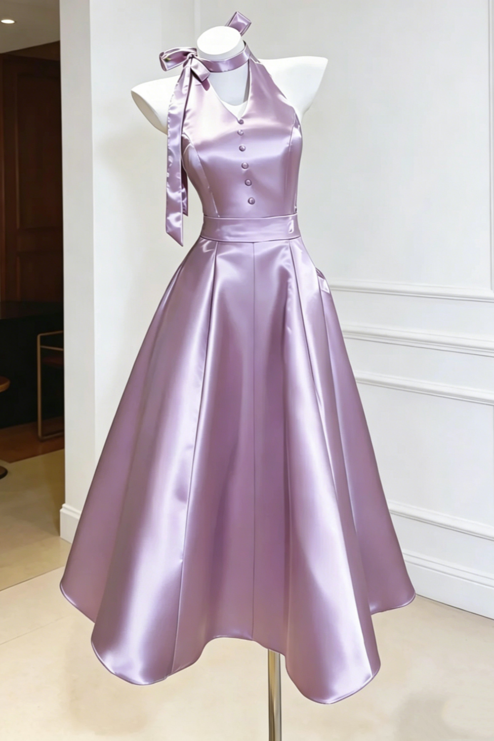 Satin Halter Midi Dress Bow Neck Detail V Neck Buttons Waist Defined A Line Skirt For Birthday Graduation Party Floral038