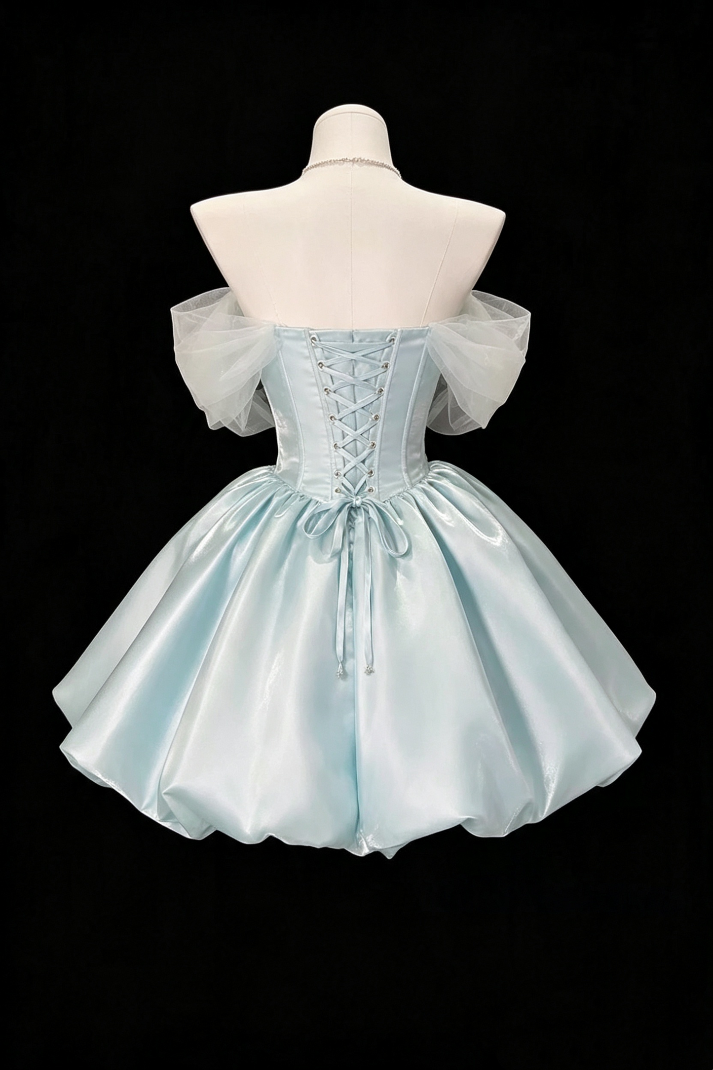 Light Blue Off‑Shoulder Bow Gem Short Homecoming Dress Lace‑Up Back Party Gown F0035