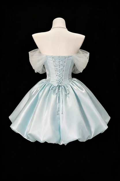 Light Blue Off‑Shoulder Bow Gem Short Homecoming Dress Lace‑Up Back Party Gown F0035