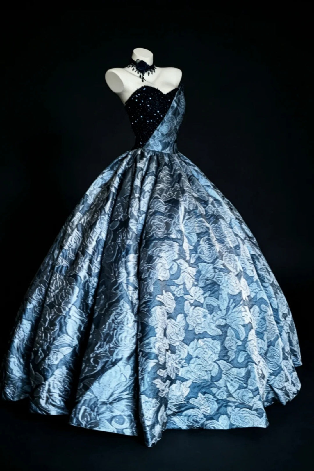Midnight Blue Jacquard Ballgown, Strapless Sweetheart Sequin Quinceanera Dress F006
