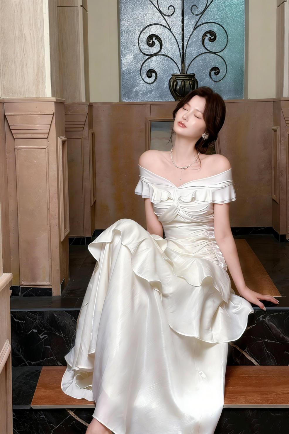 White Long Off-The-Shoulder Prom Dress With Ruffle Details. FD03