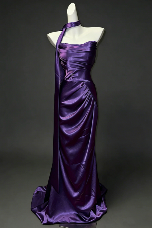 Vintage Deep Purple Satin Mermaid Dress with Ruched Waist, Lace-Up Back Formal Gown  Floral029
