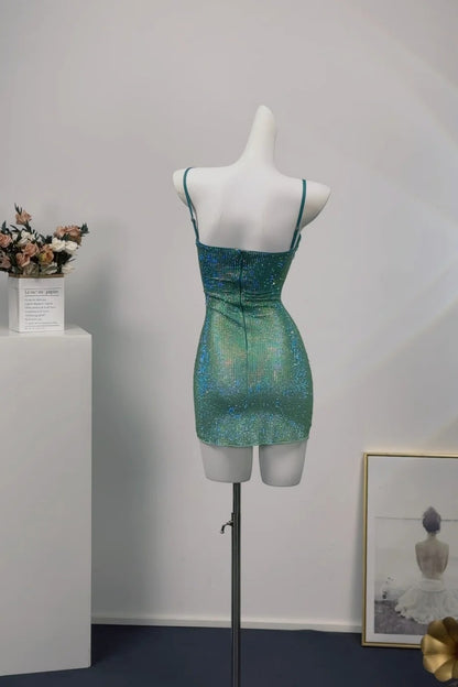 Cocktail Dress Green Rhinestone Spaghetti Strap Bodycon Mini Party Gown F0071