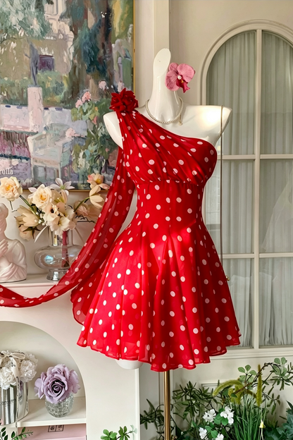 Vacation Dress Red Chiffon One Shoulder Short Dress, Polka Dot Print F0060