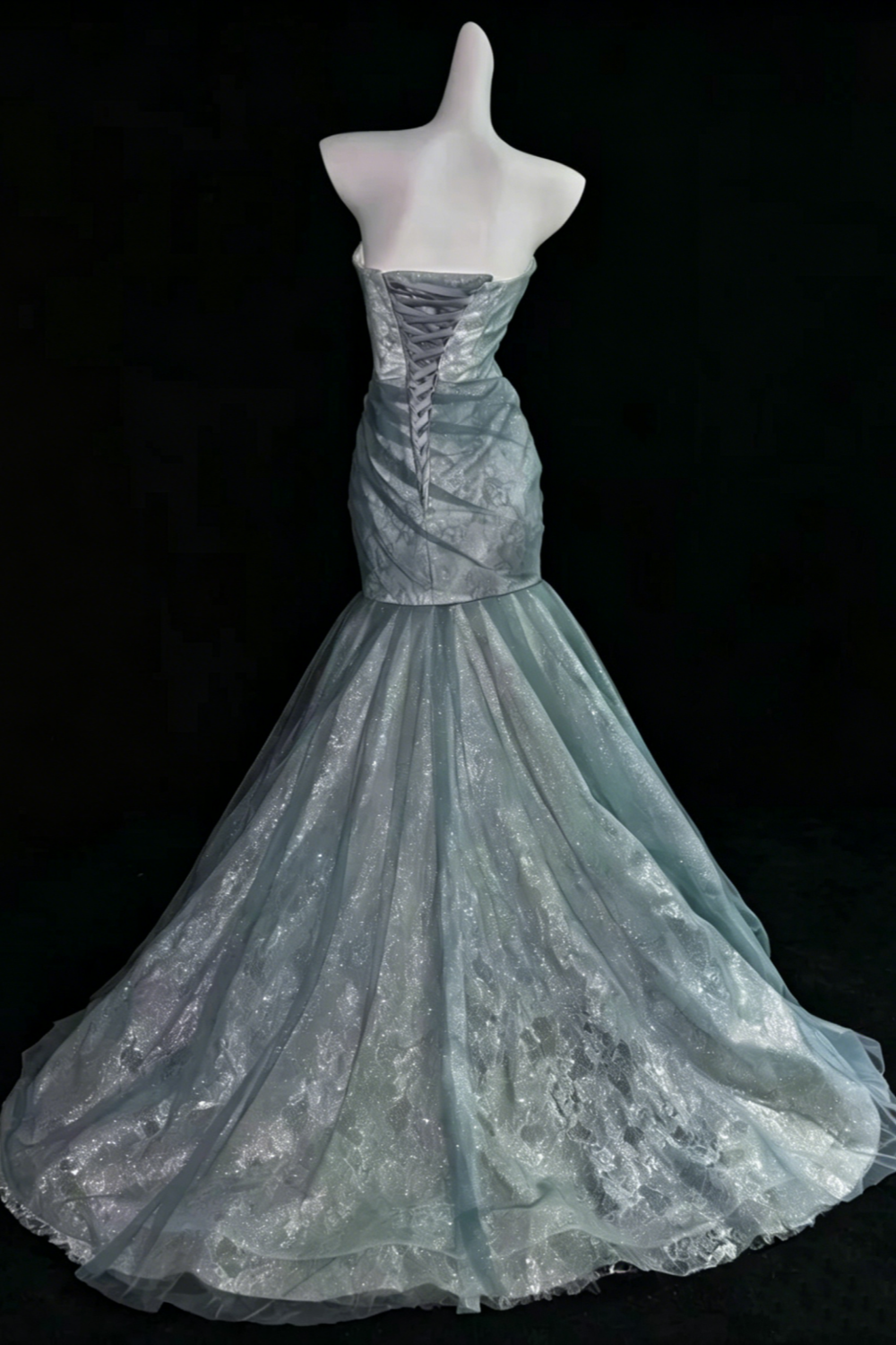 Elegant Dusty Blue Strapless Mermaid Graduation Dress Prom Dress, Glitter Lace Corset Evening Gown with Train, Formal Party Dress for Women  Floral026