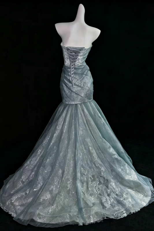Elegant Dusty Blue Strapless Mermaid Graduation Dress Prom Dress, Glitter Lace Corset Evening Gown with Train, Formal Party Dress for Women  Floral026
