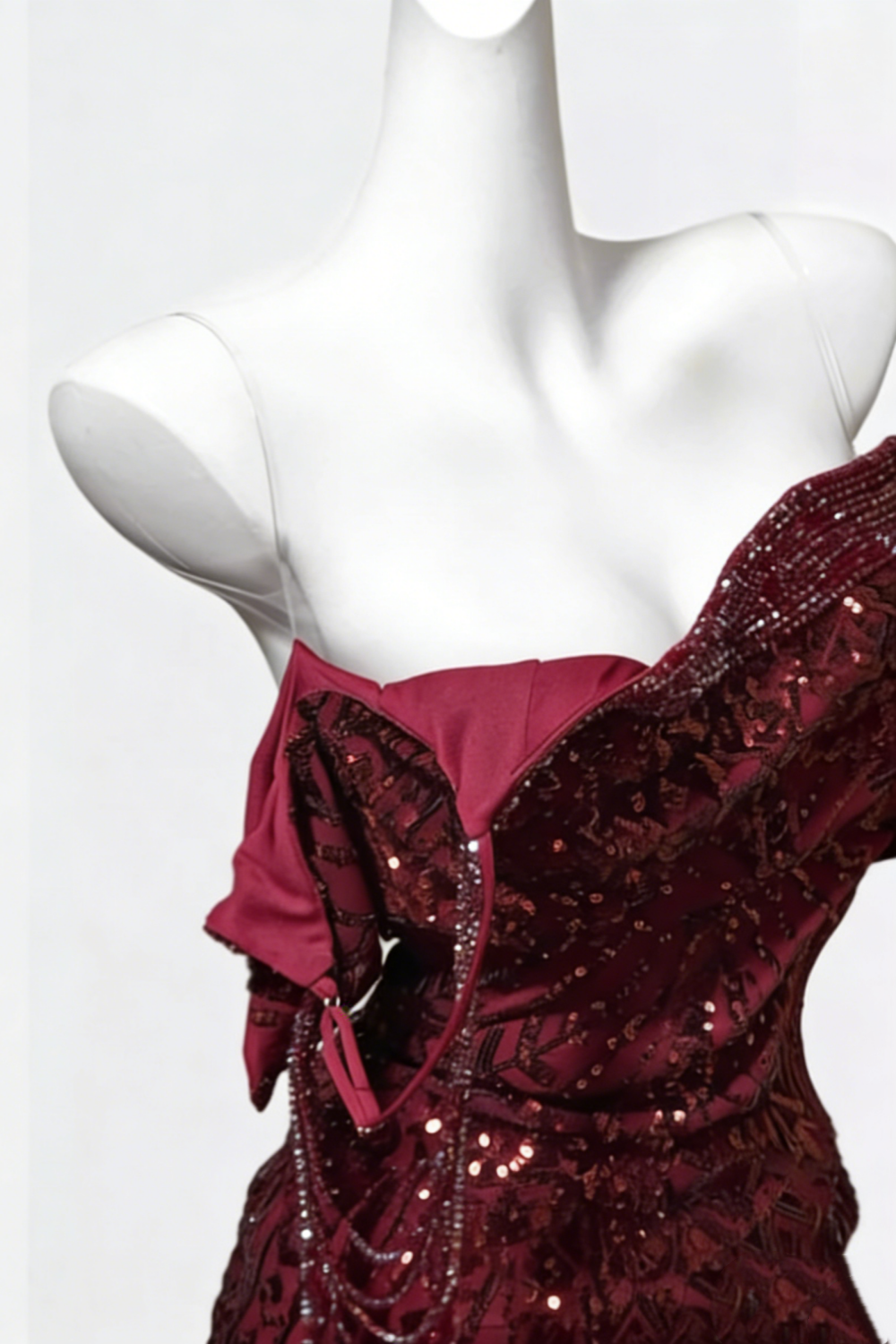 Burgundy Sequin One Shoulder Mermaid Prom Dress, Chain Detail Tulle Train Formal Gown FD018