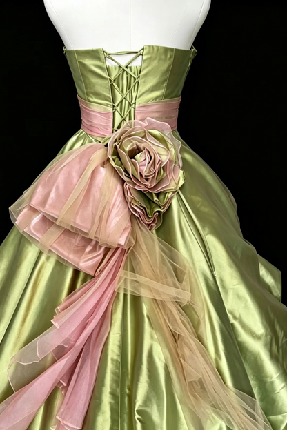 Strapless Satin Ball Gown Green Pink Floral Tulle Formal Evening Dress F0086