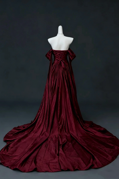 Burgundy Satin Off-the-Shoulder Train Gown with Ruched Waist & Flowing Sleeves, Luxury Evening Dress  Floral031