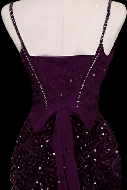 Dark Purple Sequin Spaghetti Strap Mermaid Prom Dress, Lace-up Bow Formal Evening Gown for Women Floral-06