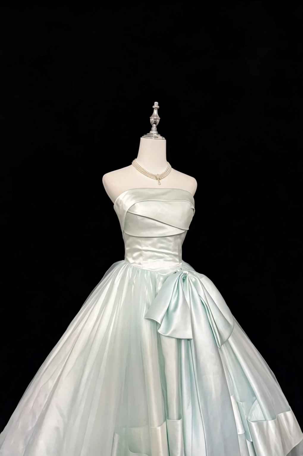 Strapless Satin A‑Line Prom Dress Large Side Bow Formal Evening Gown F0162