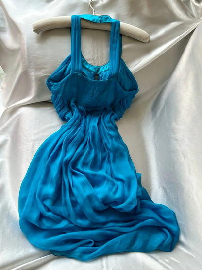 Turquoise Halter Chiffon Cocktail Dress Rhinestone Embellished F0263