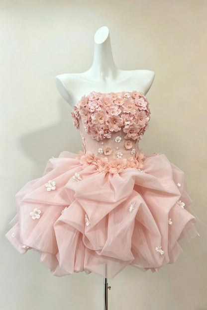 Pink Strapless Short Party Dress, Hand‑made 3D Flower Appliques Voluminous Ruffled Tulle Homecoming Gown F0011