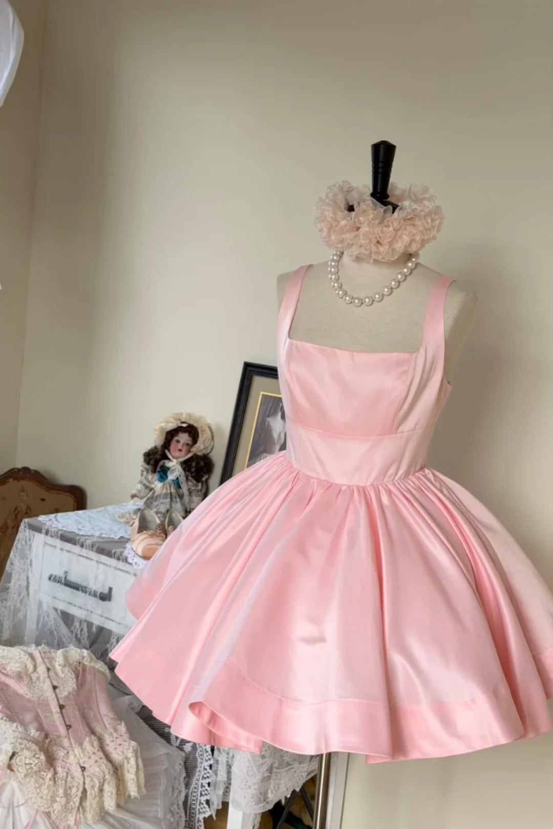 Baby Pink Satin Square Neck Mini Homecoming Dress  F0271