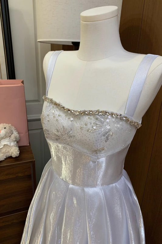 Silver White Sequin Spaghetti Strap Beaded Prom Dress, A-Line Formal Evening Gown FD026
