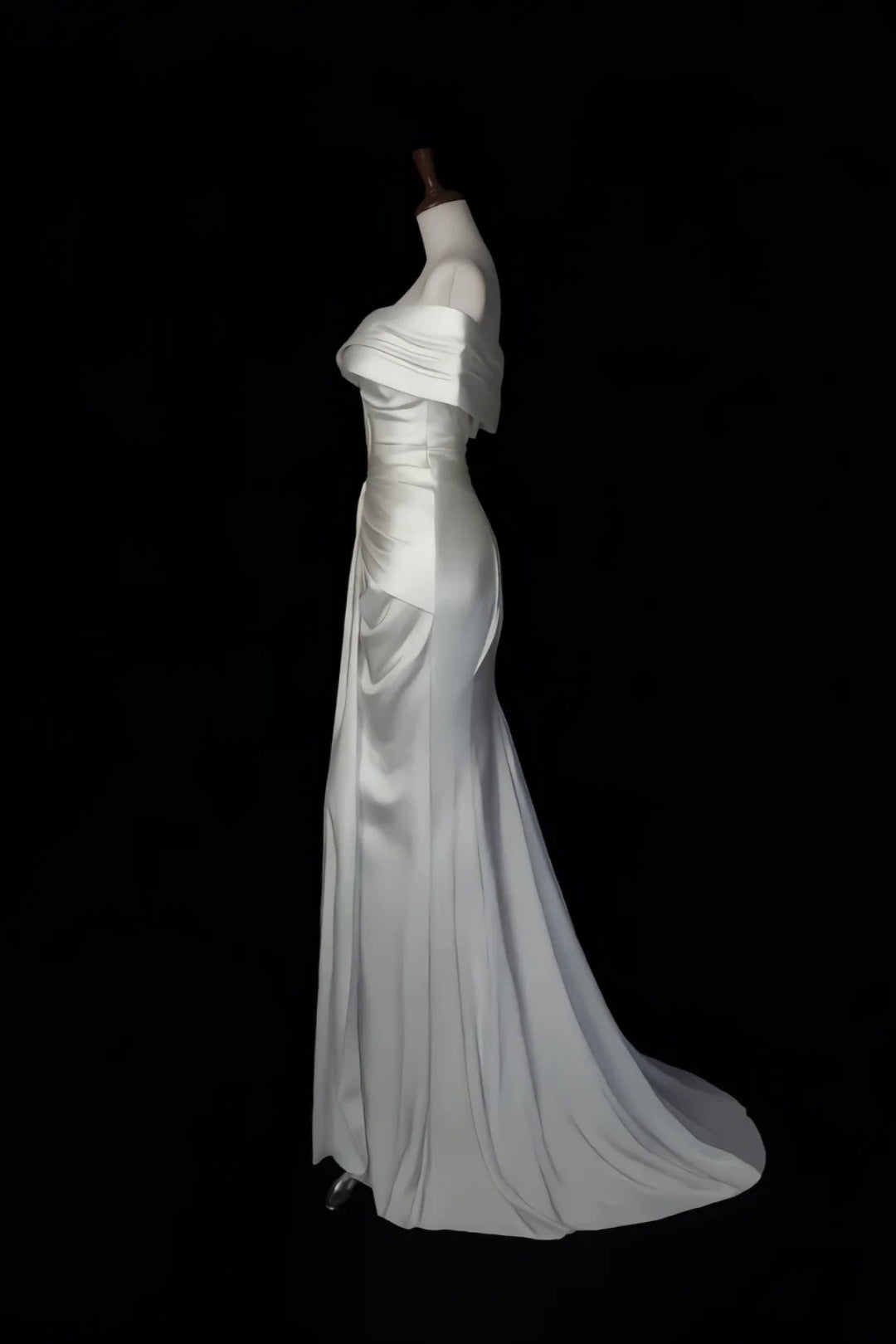 Evening Gown White Satin Off‑Shoulder Mermaid Dress With Draped Detail F0065