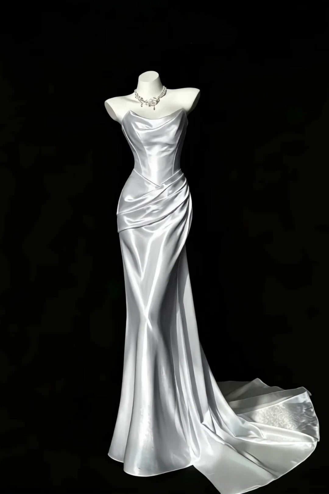 Silver Satin Strapless Mermaid Dress Draped Cowl Neck Lace‑Up Back Prom Gown F0148