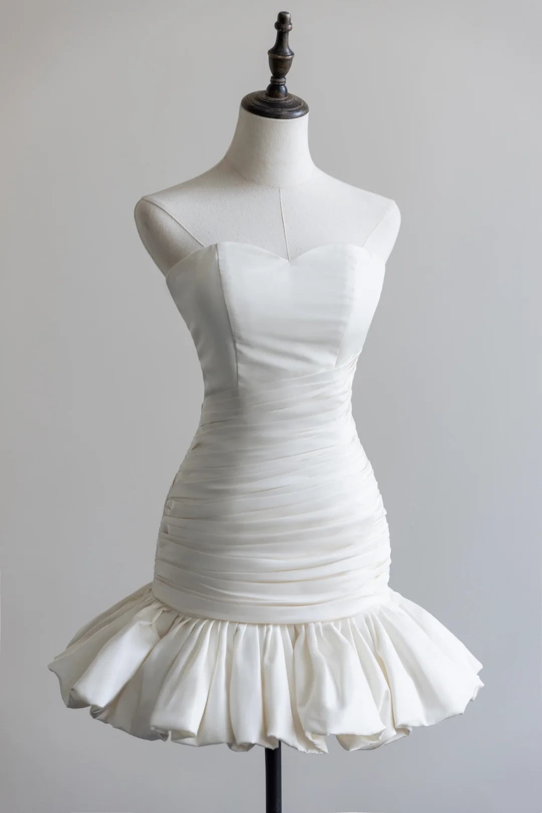 White Satin Strapless Mini Wedding Dress, Ruched Ruffle Hem Homecoming Dress F0057