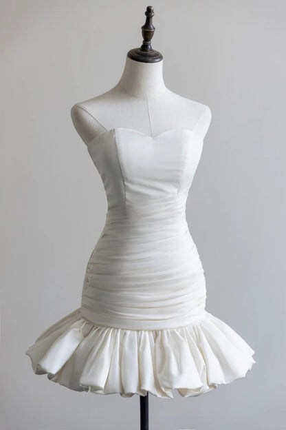White Satin Strapless Mini Wedding Dress, Ruched Ruffle Hem Homecoming Dress F0057