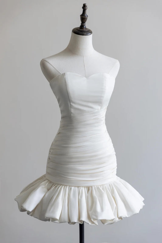 White Satin Strapless Mini Wedding Dress, Ruched Ruffle Hem Homecoming Dress F0057