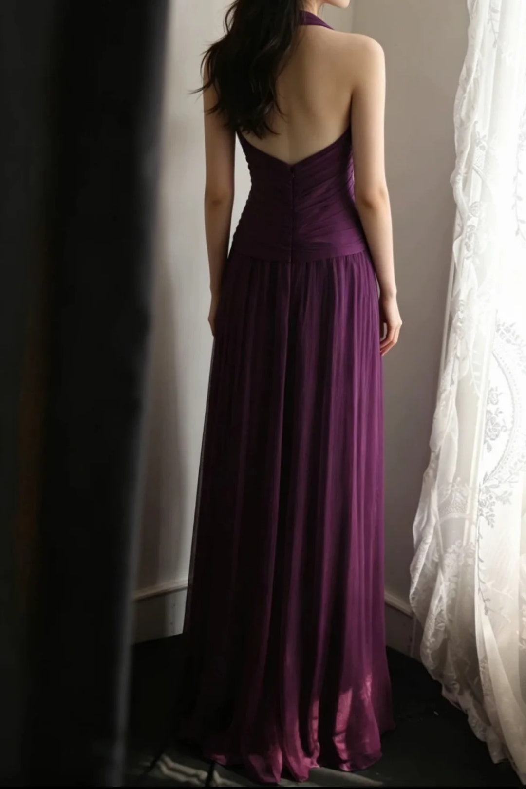 **Evening Dress** Dark Purple Halter V‑Neck Chiffon Long Formal Party Gown F0068