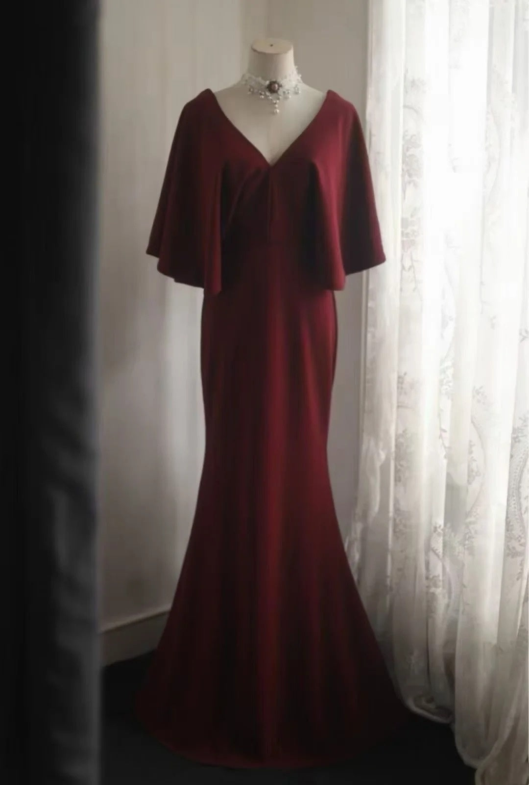Red Satin Mermaid Evening Dress V-Back Flounce Sleeve Formal Gown F0173